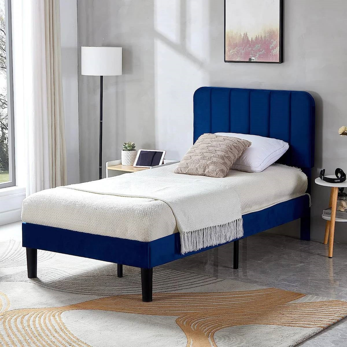 Twin size Blue Upholstered Platform Bed Frame with Headboard-0