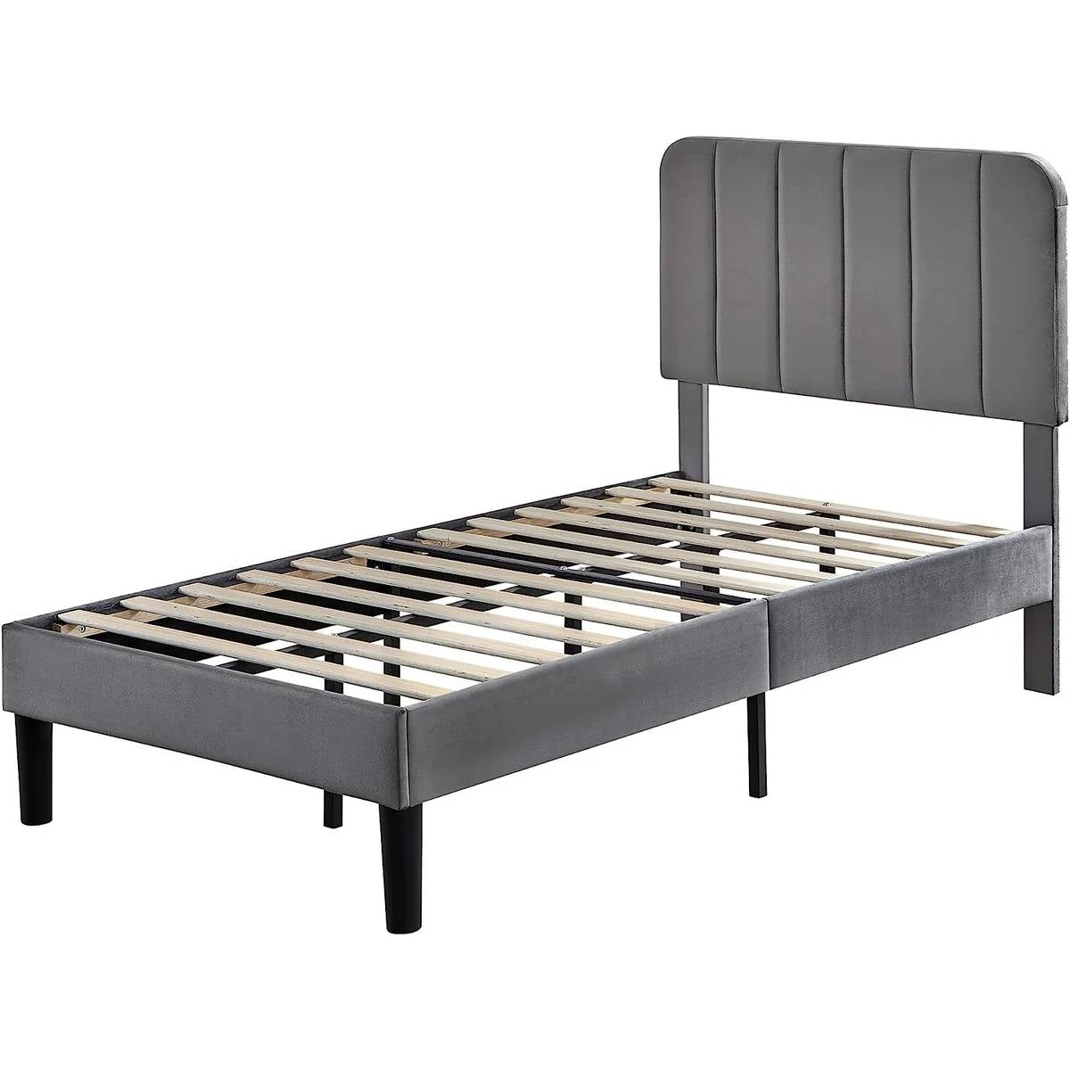 Twin size Dark Grey Upholstered Platform Bed Frame with Headboard-2