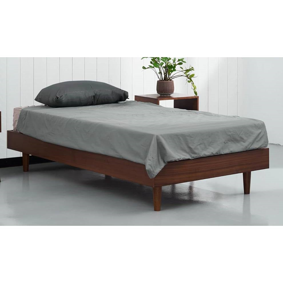Twin size Mid-Century Modern Platform Bed Frame in Dark Brown Wood Finish-0