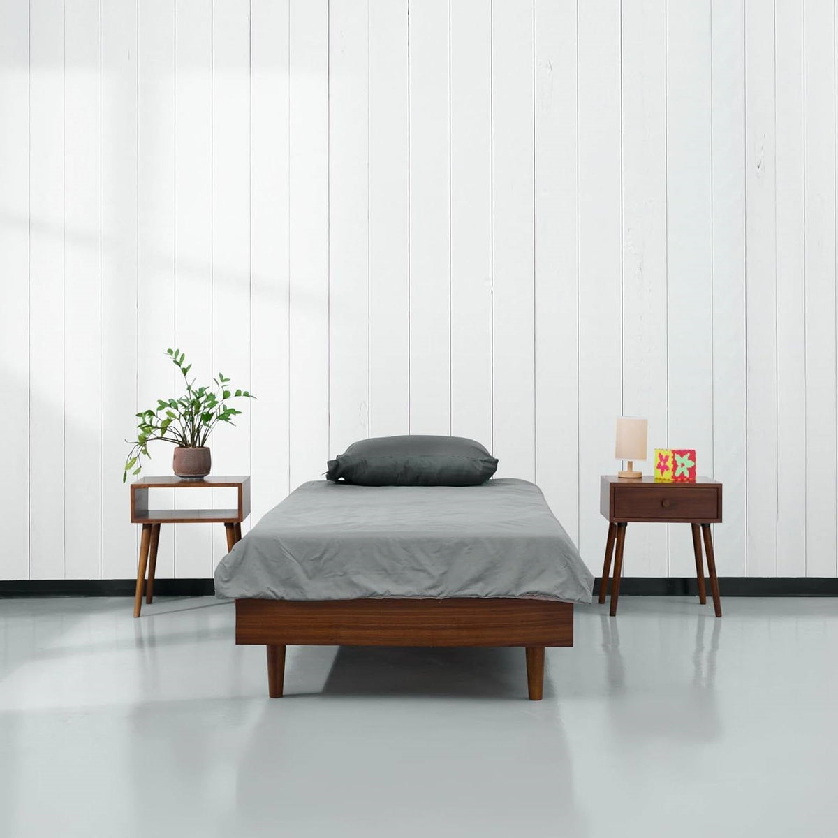 Twin size Mid-Century Modern Platform Bed Frame in Dark Brown Wood Finish-1