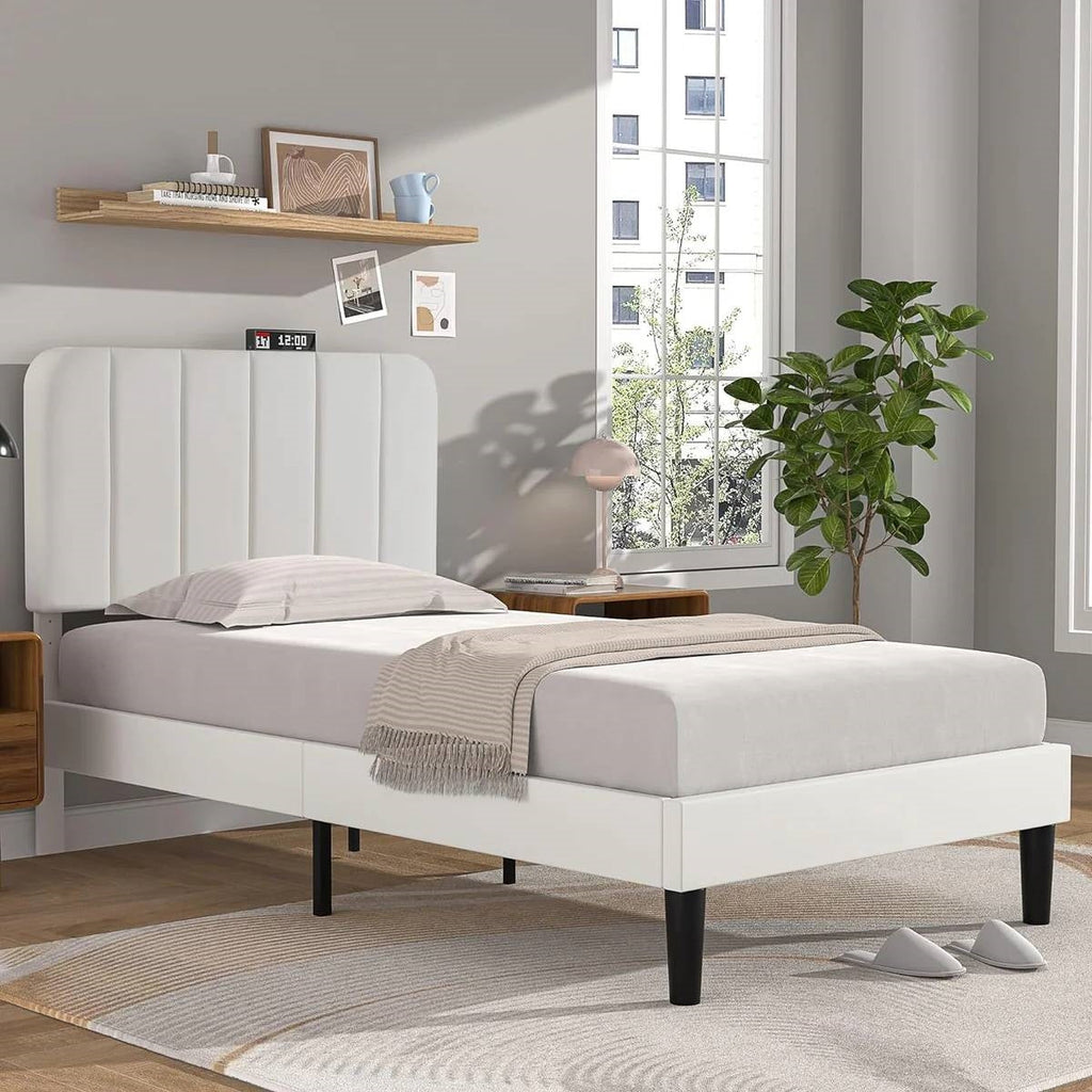 Twin size White Upholstered Platform Bed Frame with Headboard-0