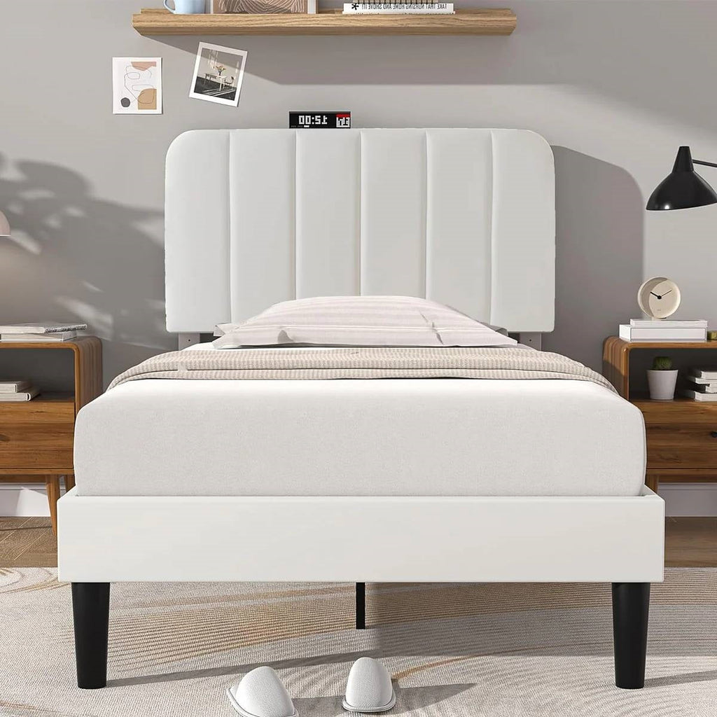 Twin size White Upholstered Platform Bed Frame with Headboard-1