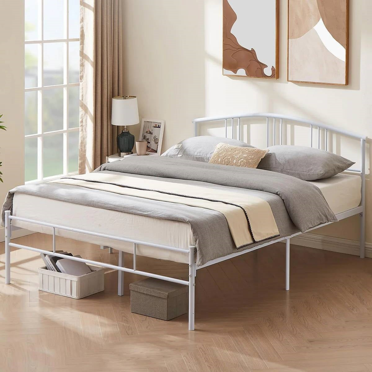Twin size White Metal Platform Bed Frame with Arched Headboard-0