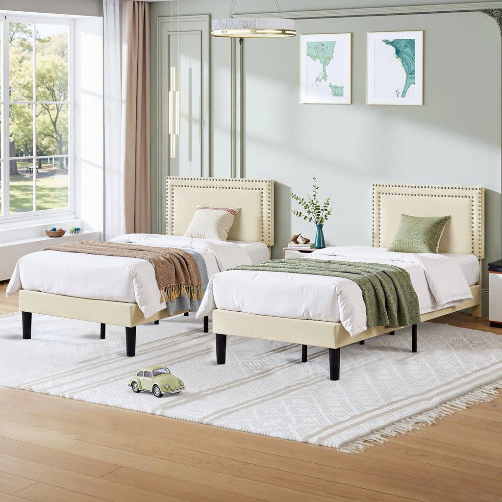 Twin Size - Set of 2  - Dorm Style Beige Tufted Upholstered Platform Beds-0