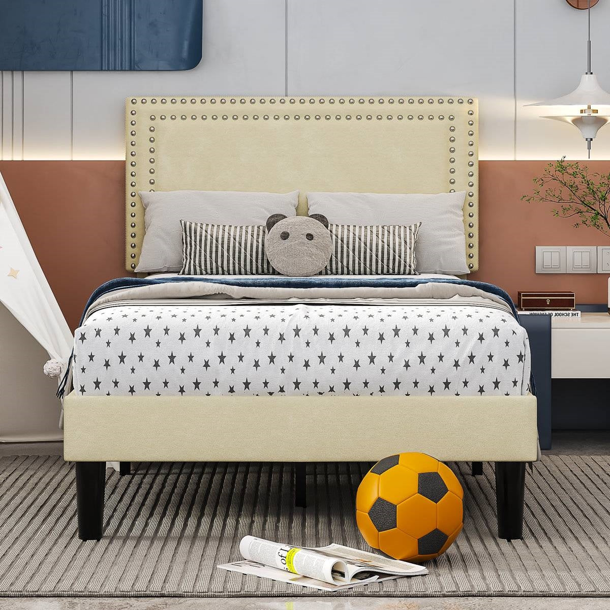 Twin Size - Set of 2  - Dorm Style Beige Tufted Upholstered Platform Beds-2