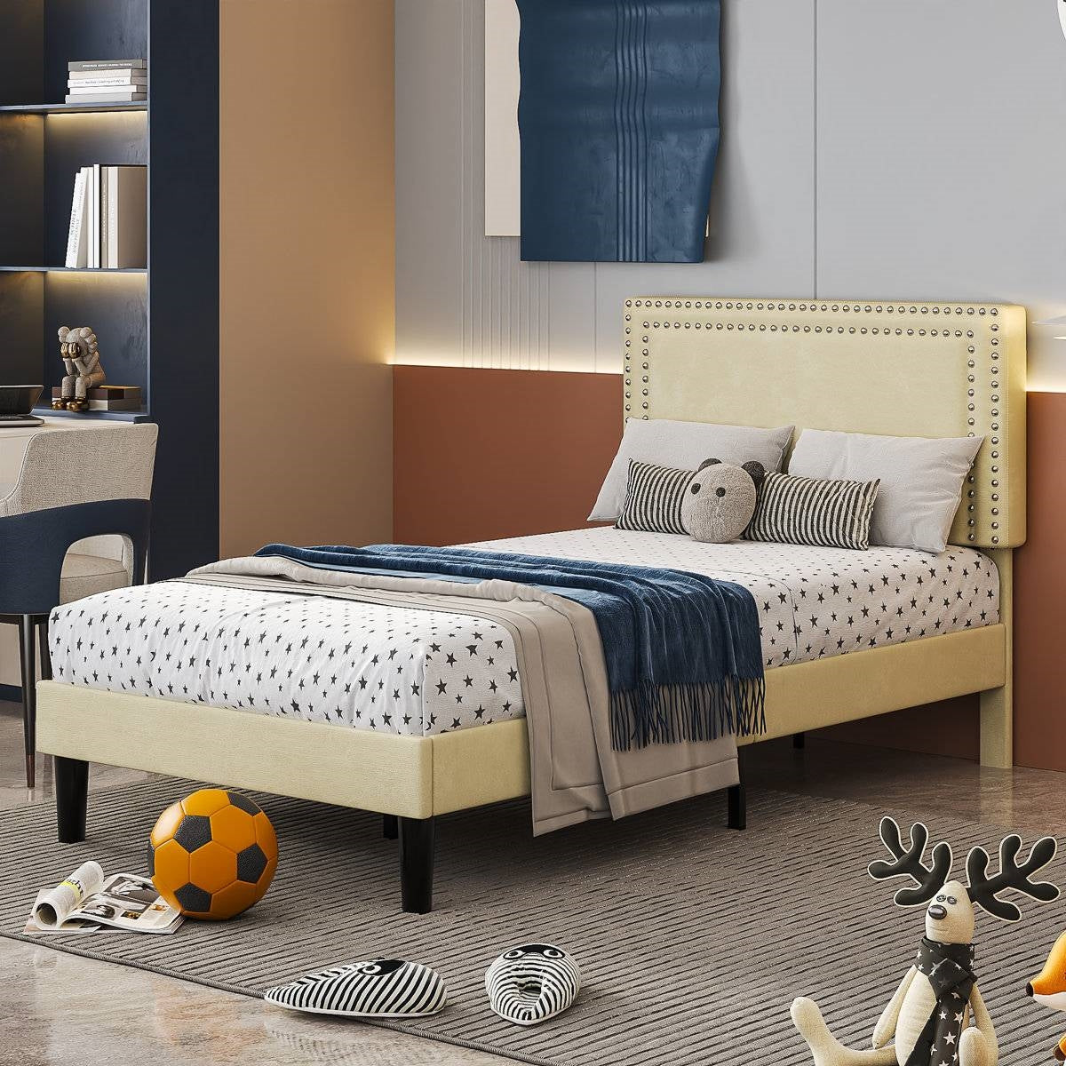 Twin Size - Set of 2  - Dorm Style Beige Tufted Upholstered Platform Beds-3