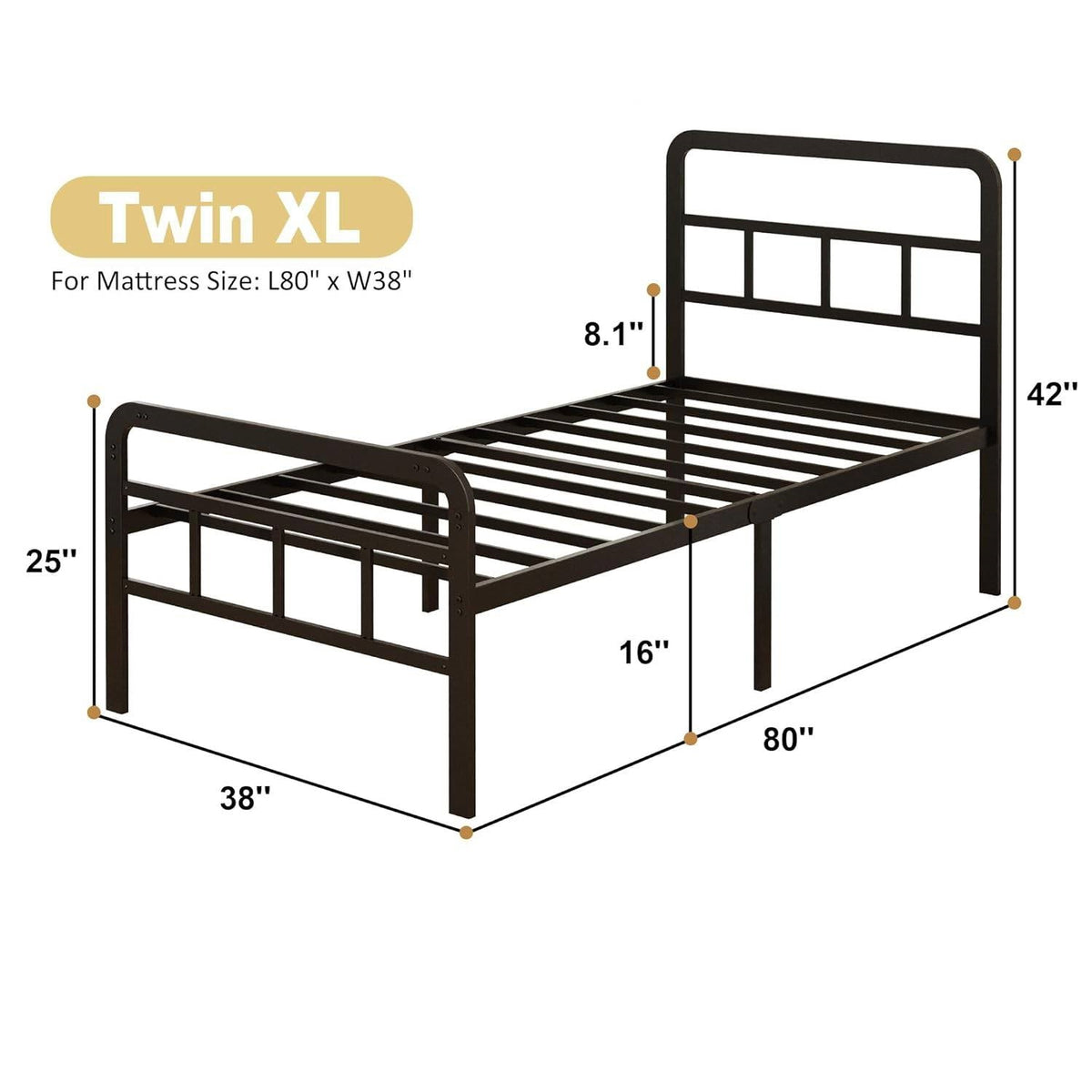 Twin XL Heavy Duty Metal Bed Frame with Headboard and Footboard in Black-4