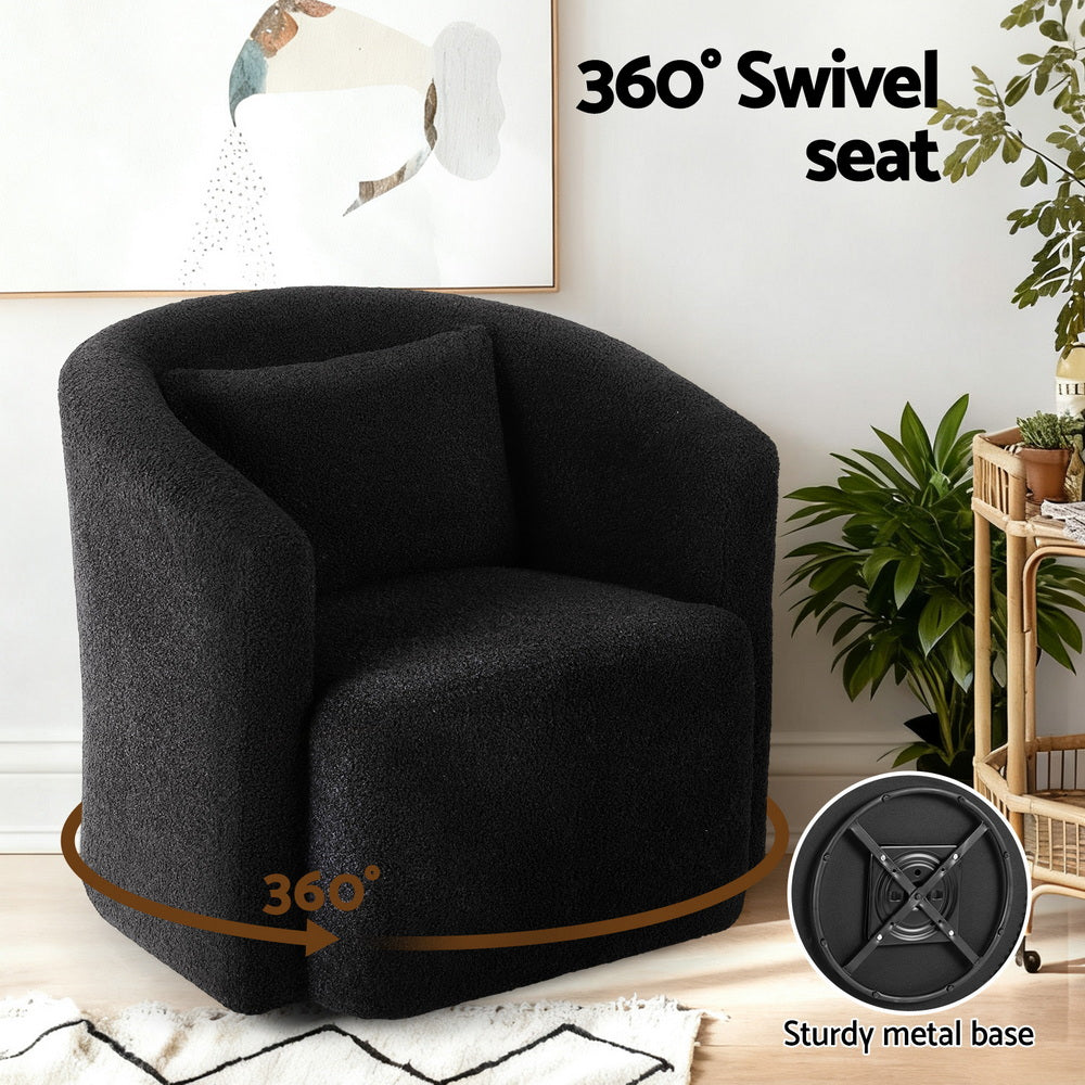 Artiss Round Swivel Armchair Sherpa Fleece Black-3