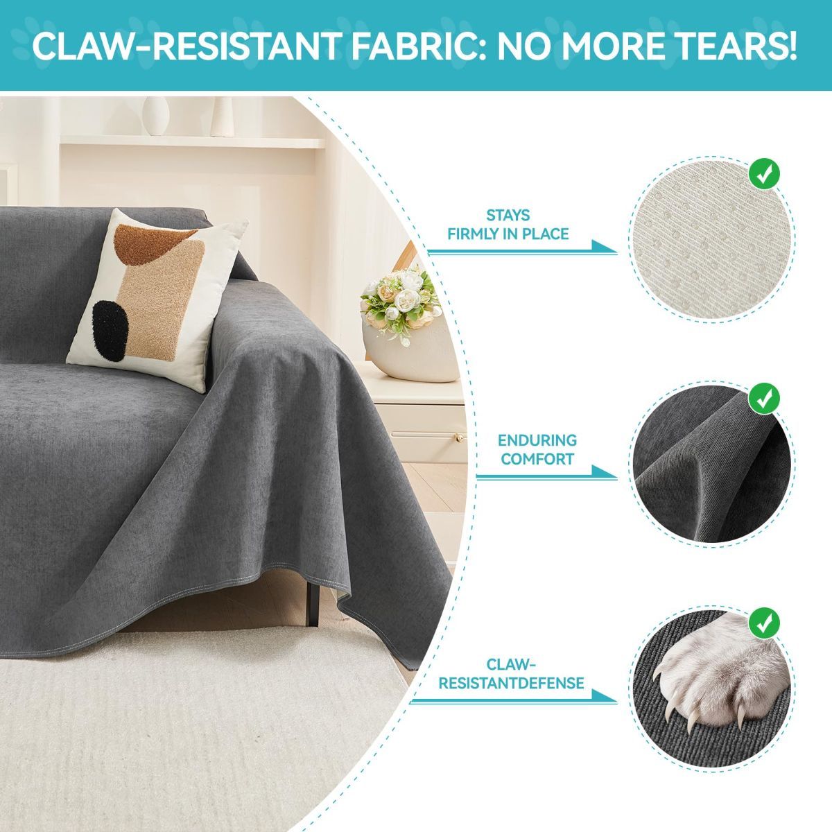 71" x 150" Couch Protector from Cat Claws, Waterproof Couch Cover Anti Slip,Couch Cover 3 Cushion Sofa Washable,Anti-Scratch Pet Sofa Cover Heavy Duty - Dark Gray-1