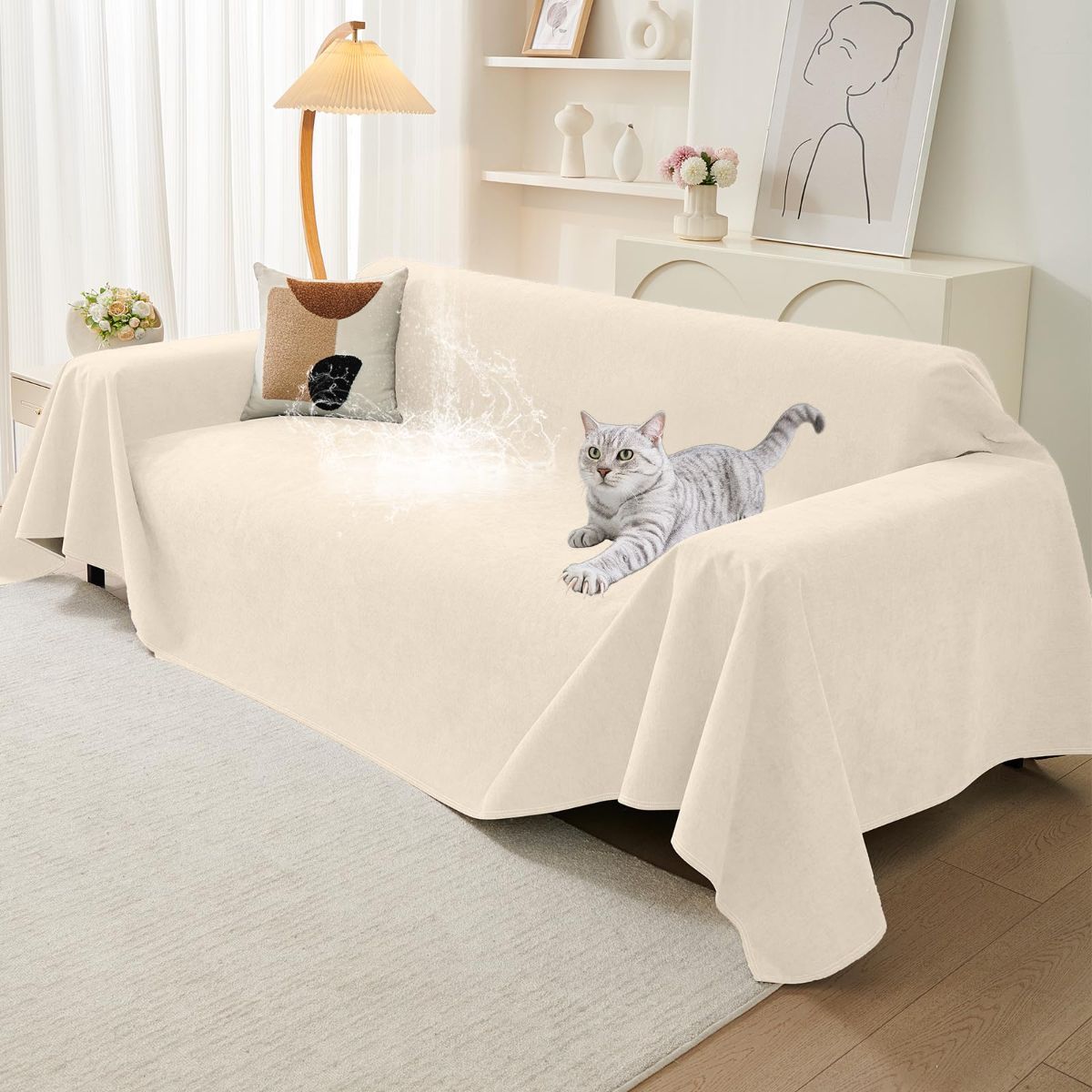71" x 150"Couch Protector from Cat Claws, Waterproof Couch Cover Anti Slip,Couch Cover 3 Cushion Sofa Washable,Anti-Scratch Pet Sofa Cover Heavy Duty - Beige-0