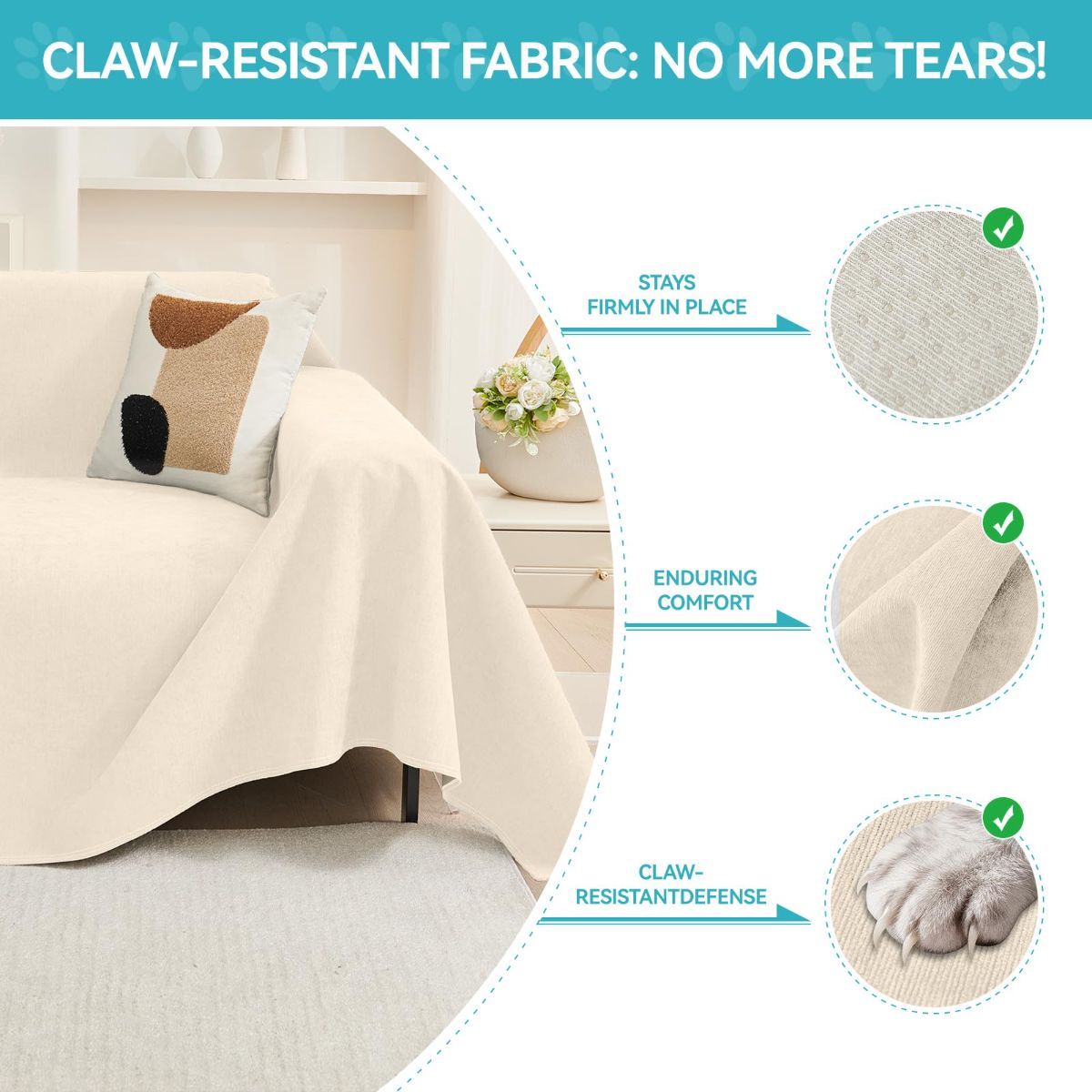 71" x 150"Couch Protector from Cat Claws, Waterproof Couch Cover Anti Slip,Couch Cover 3 Cushion Sofa Washable,Anti-Scratch Pet Sofa Cover Heavy Duty - Beige-1