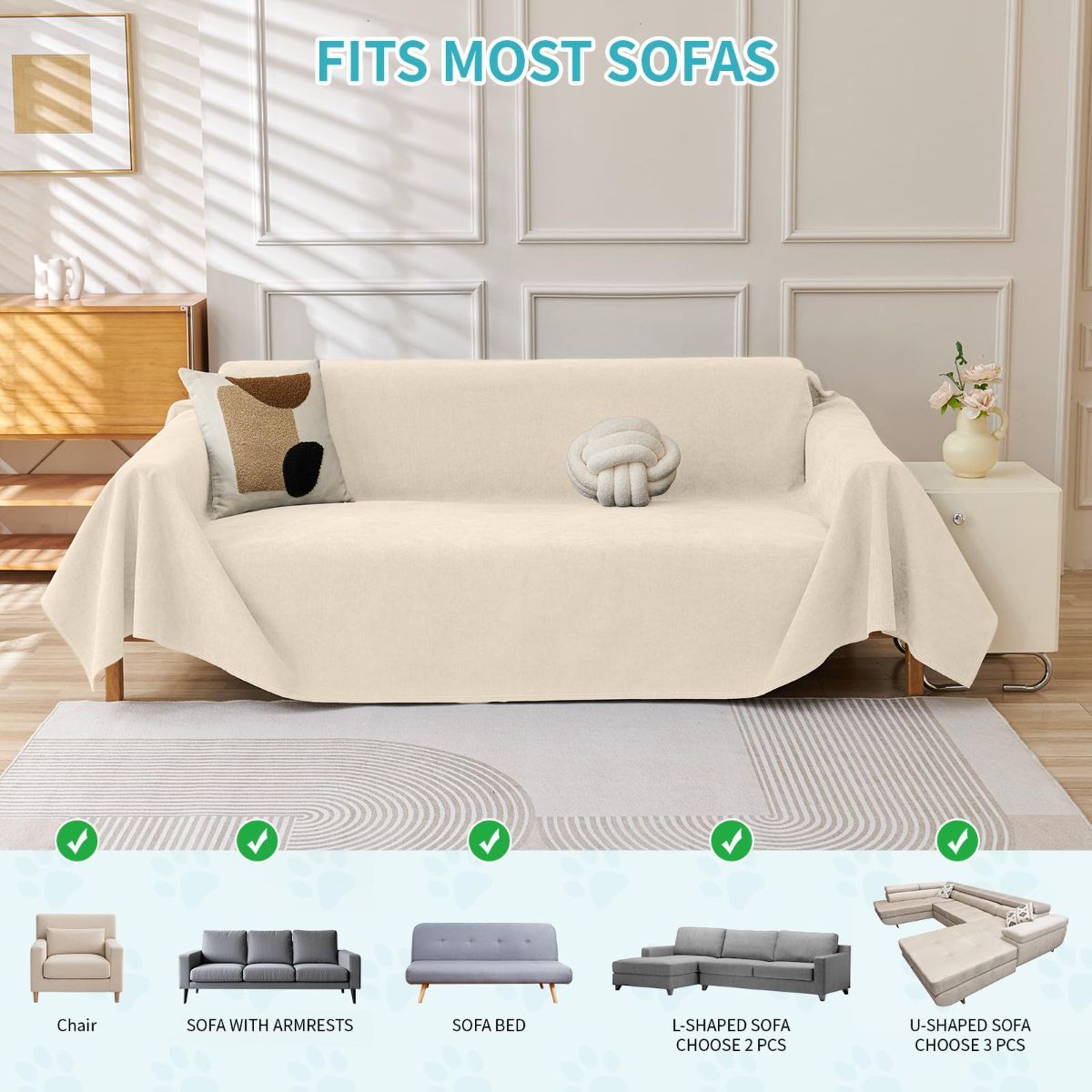 71" x 150"Couch Protector from Cat Claws, Waterproof Couch Cover Anti Slip,Couch Cover 3 Cushion Sofa Washable,Anti-Scratch Pet Sofa Cover Heavy Duty - Beige-4
