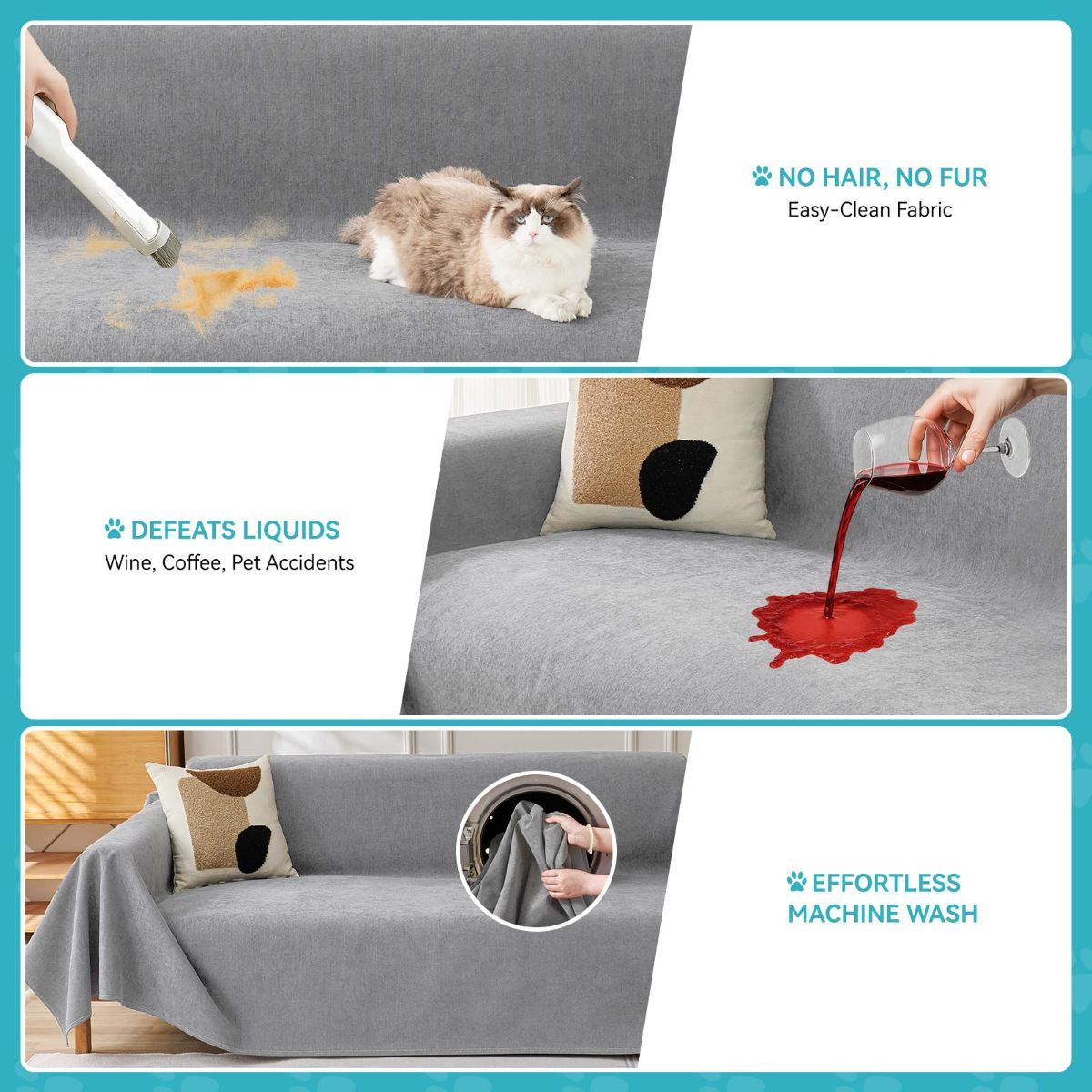 71" x 134" Couch Protector from Cat Claws, Waterproof Couch Cover Anti Slip,Couch Cover 3 Cushion Sofa Washable,Anti-Scratch Pet Sofa Cover Heavy Duty - Light Gray-2