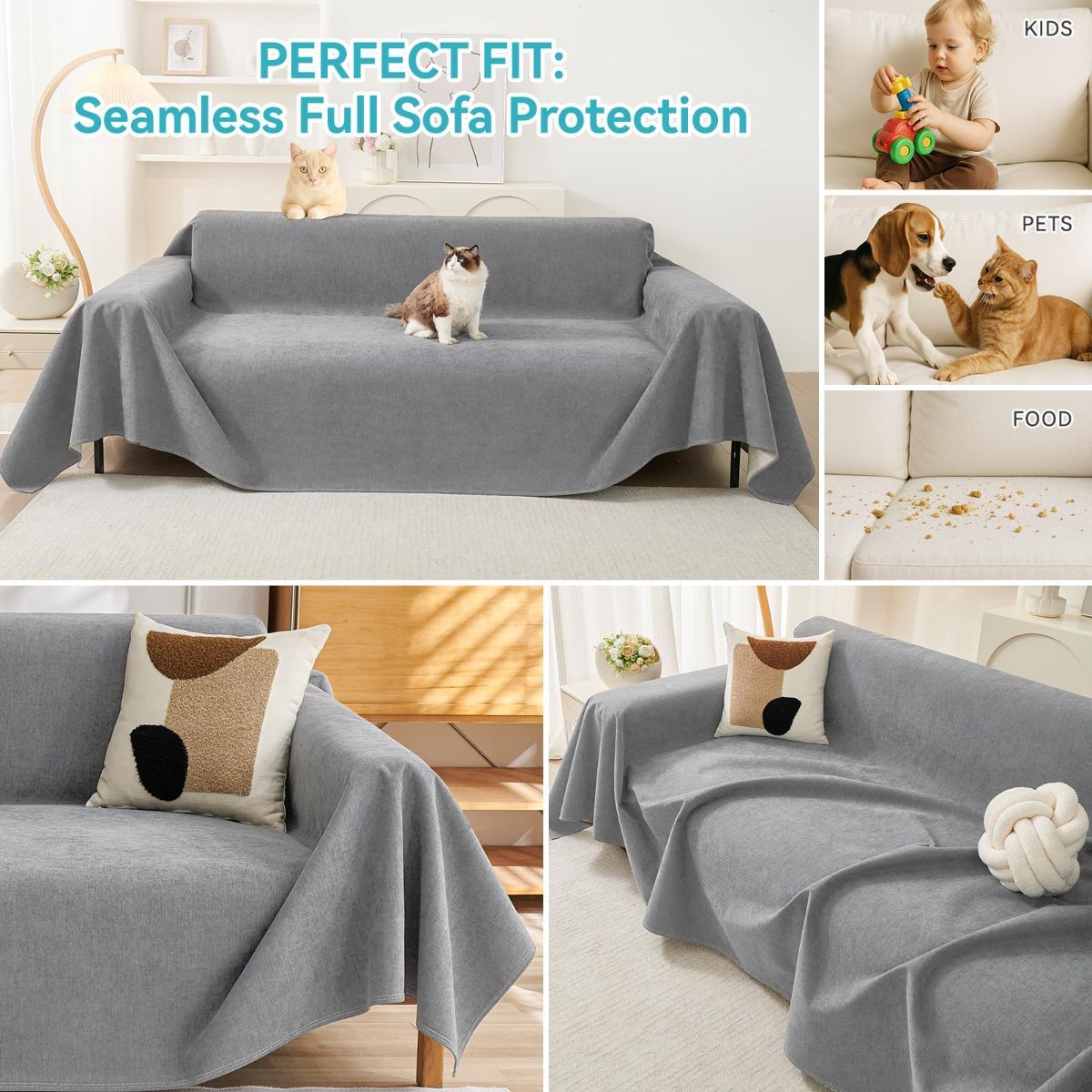 71" x 150" Couch Protector from Cat Claws, Waterproof Couch Cover Anti Slip,Couch Cover 3 Cushion Sofa Washable,Anti-Scratch Pet Sofa Cover Heavy Duty - Light Gray-3