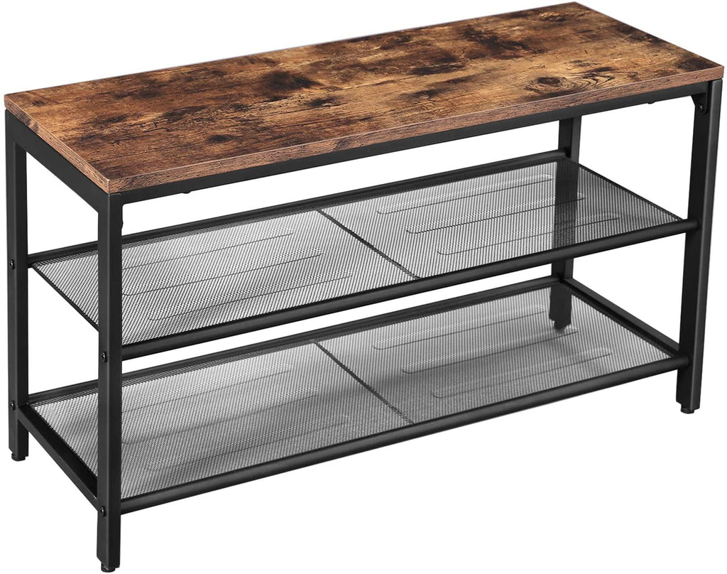 NNEDSZ Shoe Rack with 2 Mesh Shelves, Rustic Brown and Black-0