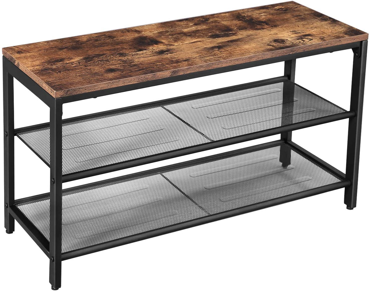 NNEDSZ Shoe Rack with 2 Mesh Shelves, Rustic Brown and Black-0