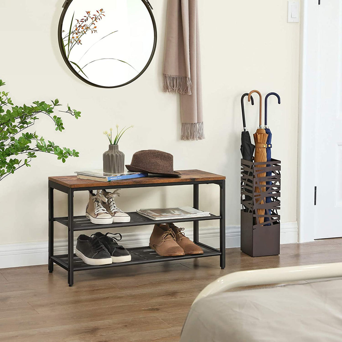 NNEDSZ Shoe Rack with 2 Mesh Shelves, Rustic Brown and Black-1