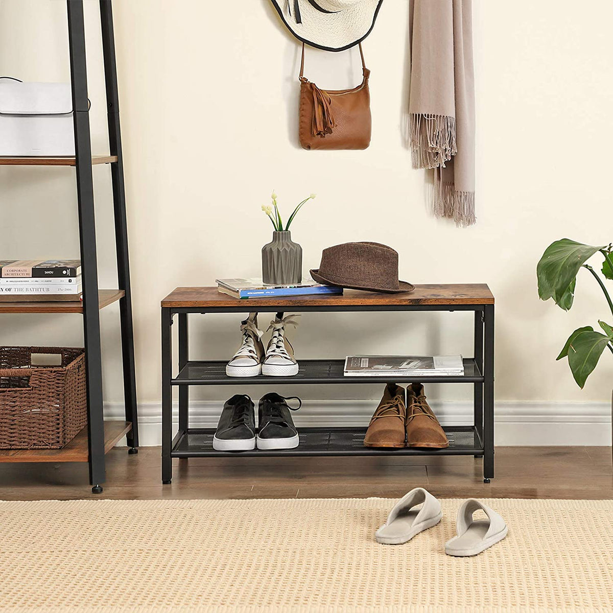 NNEDSZ Shoe Rack with 2 Mesh Shelves, Rustic Brown and Black-2