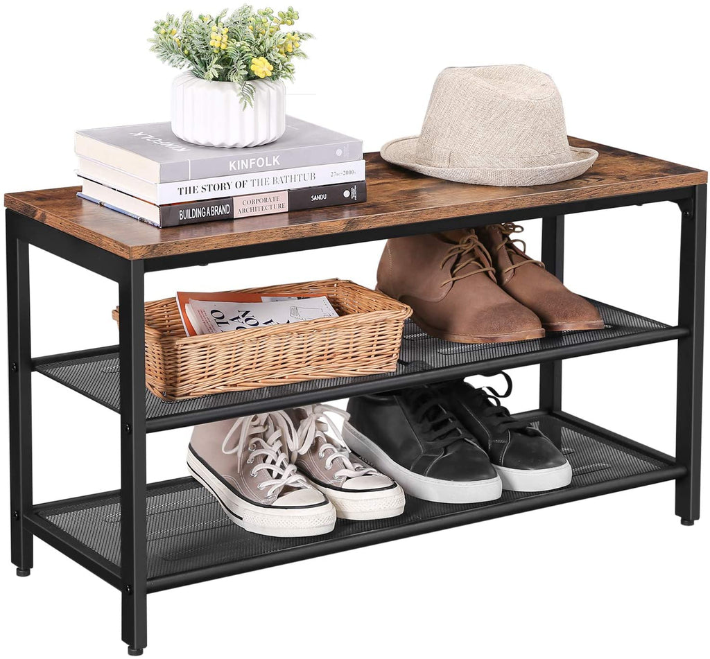 NNEDSZ Shoe Rack with 2 Mesh Shelves, Rustic Brown and Black-3