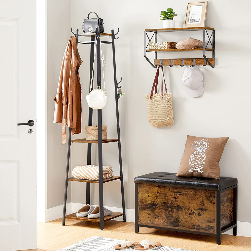 NNEDSZ Coat Rack with 3 Shelves with Hooks Rustic Brown and Black-1