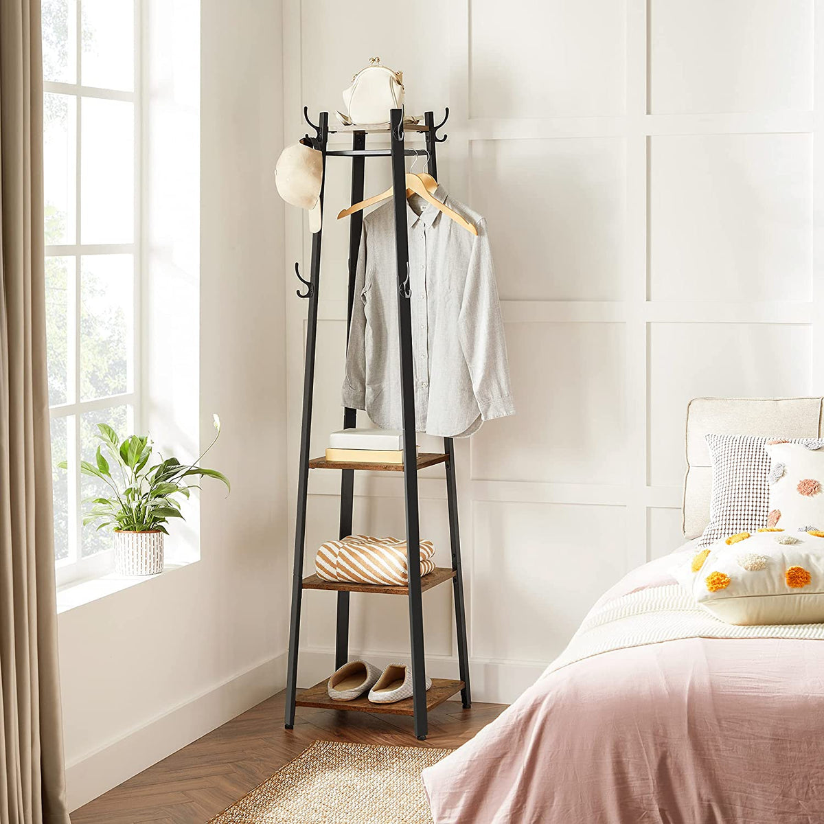 NNEDSZ Coat Rack with 3 Shelves with Hooks Rustic Brown and Black-3