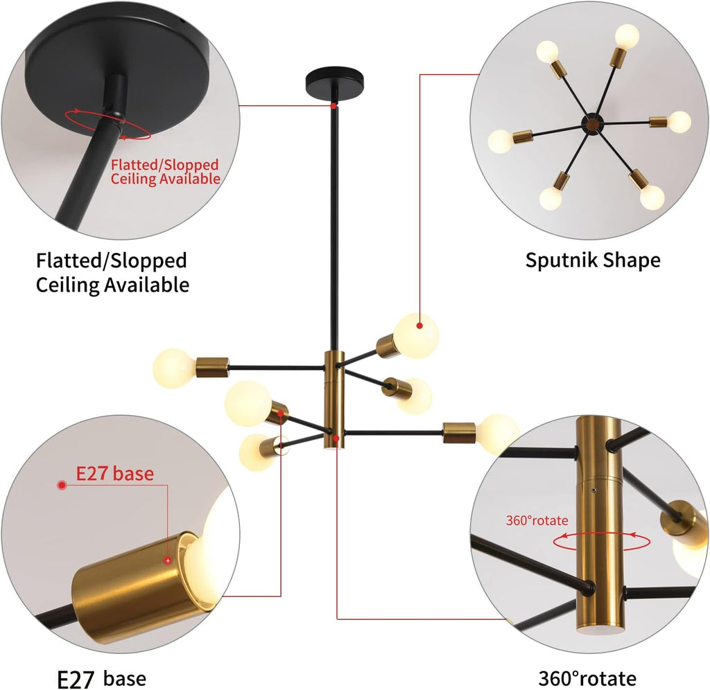 NNEDSZ Sputnik Chandelier Modern Industrial, 6-Light , Black & Gold-4