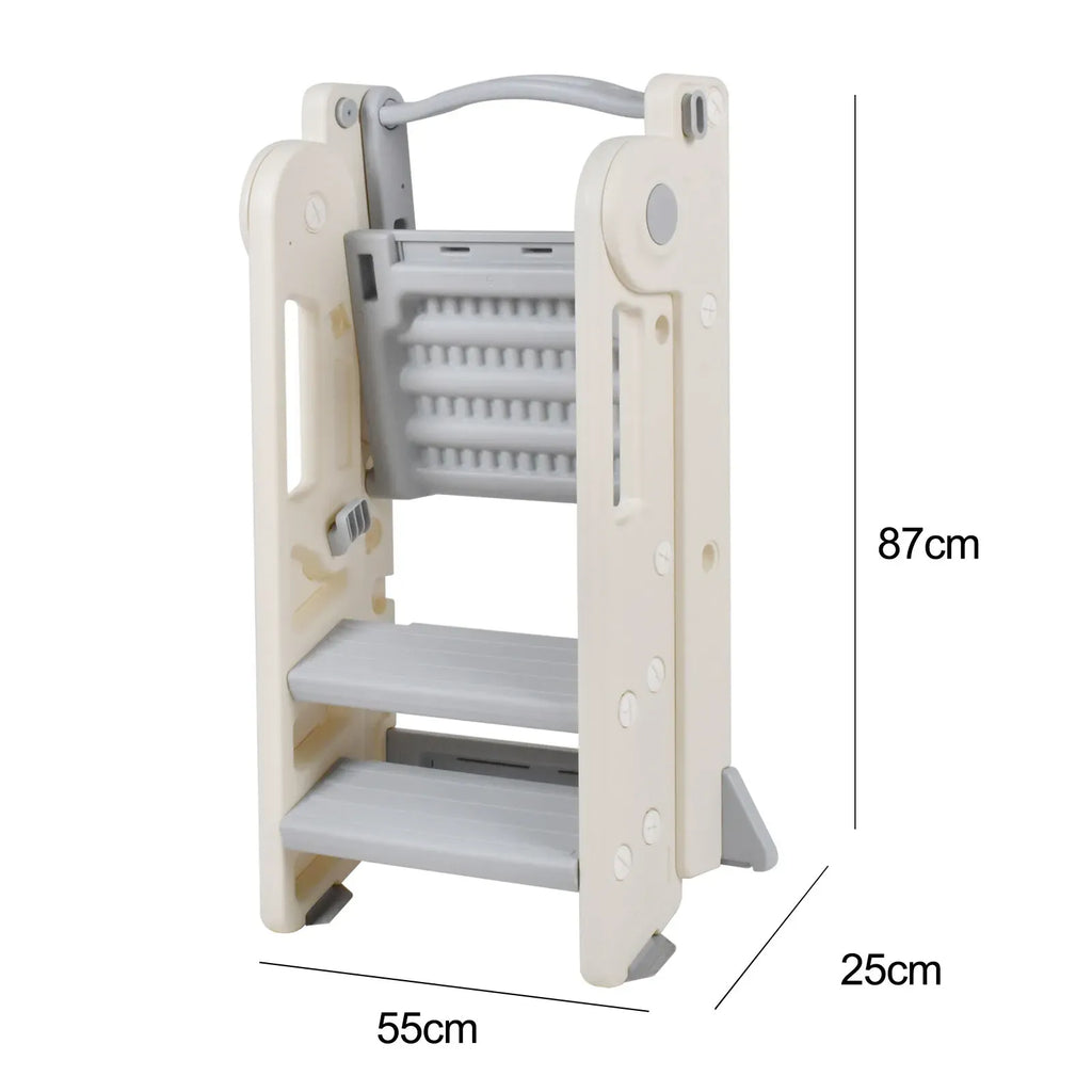 Foldable Kids Step Stool Kitchen Helper Tower in Grey, Adjustable Height, 55x55x79cm-2