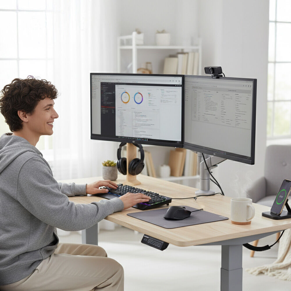 FORTIA Sit To Stand Standing Desk, 120x60cm, 72-118cm Electric Height Adjustable, Light Oak Style Desktop Silver Frame-1