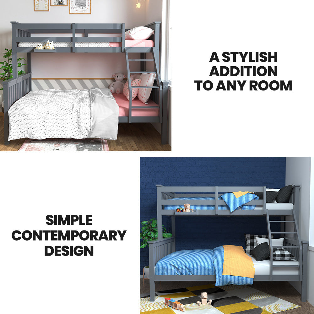 NNEDSZ Kingston Slumber Bunk Bed Triple Wooden Single Over Double Beds for Kids, Solid Pine Wood, Convertible Design, Grey-2
