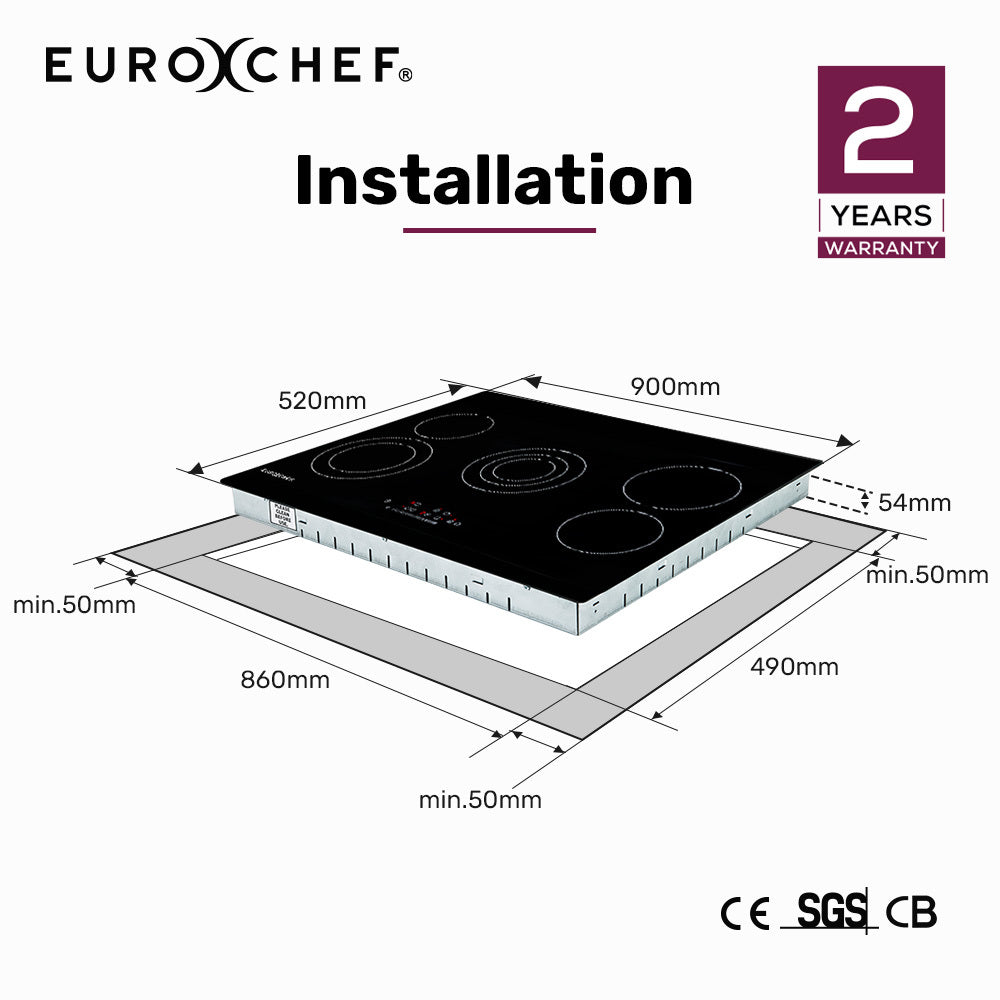 EuroChef 90cm 5 Zone Ceramic Cooktop, 8900W Electric, FlexiZone Adjustable Size Hobs, Touch Controls-1