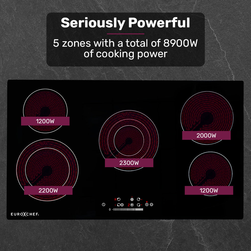 EuroChef 90cm 5 Zone Ceramic Cooktop, 8900W Electric, FlexiZone Adjustable Size Hobs, Touch Controls-3