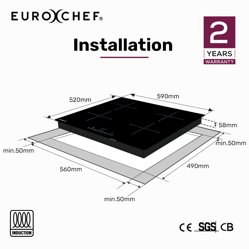 EuroChef 60cm 4 Zone Induction Cooktop, 6800W Electric, Touch Controls-1