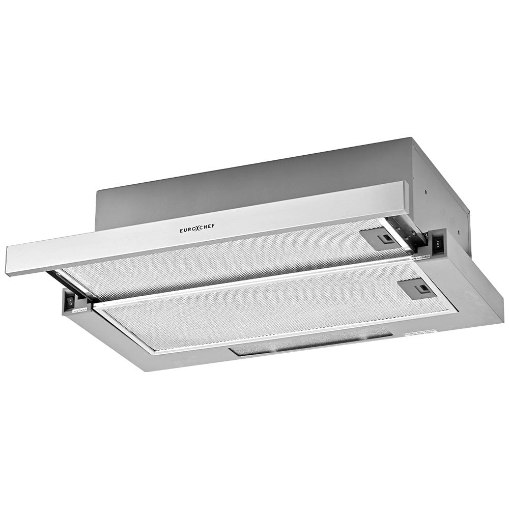 NNEDSZ EUROCHEF 60cm Slideout Stainless Steel Rangehood, Quiet 2-Speed, 3-Layer Dishwashable Filters, Halogen Lights ESR60S-0