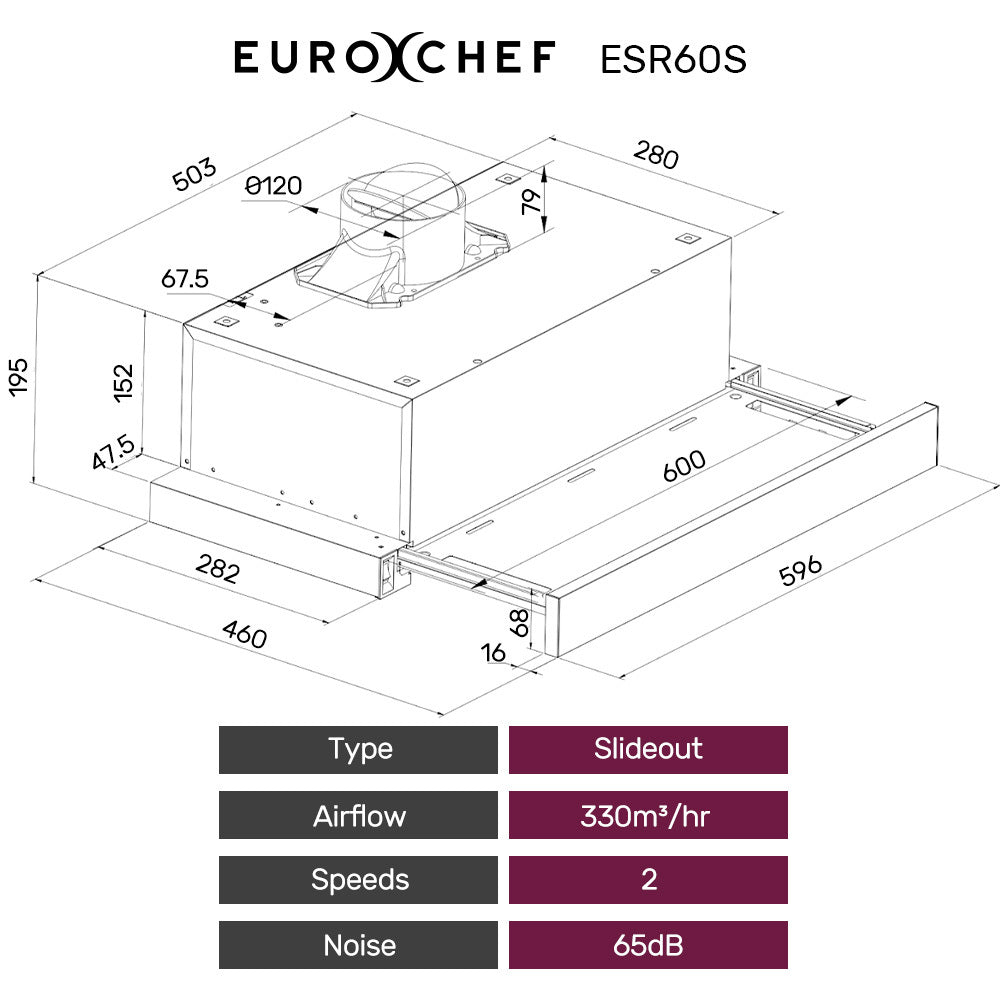 NNEDSZ EUROCHEF 60cm Slideout Stainless Steel Rangehood, Quiet 2-Speed, 3-Layer Dishwashable Filters, Halogen Lights ESR60S-1