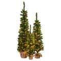 NNEDSZ Christabelle Set of 3 Pre-Lit Christmas Trees Green Pine w/LED Lights, Hessian Base & Individual Plugs Varying Heights-0