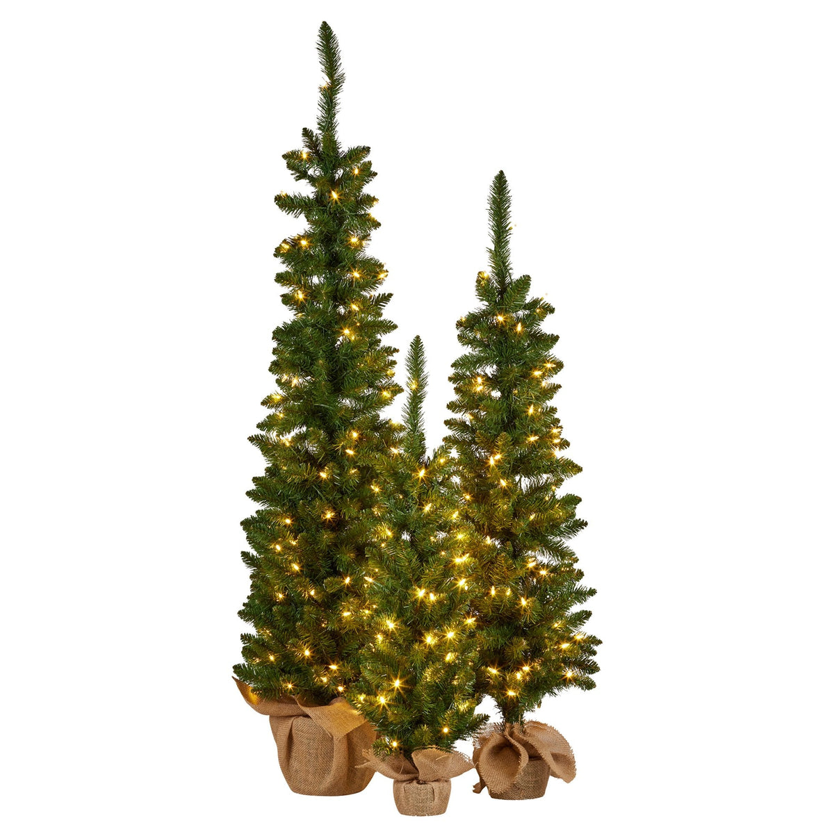 NNEDSZ Christabelle Set of 3 Pre-Lit Christmas Trees Green Pine w/LED Lights, Hessian Base & Individual Plugs Varying Heights-0