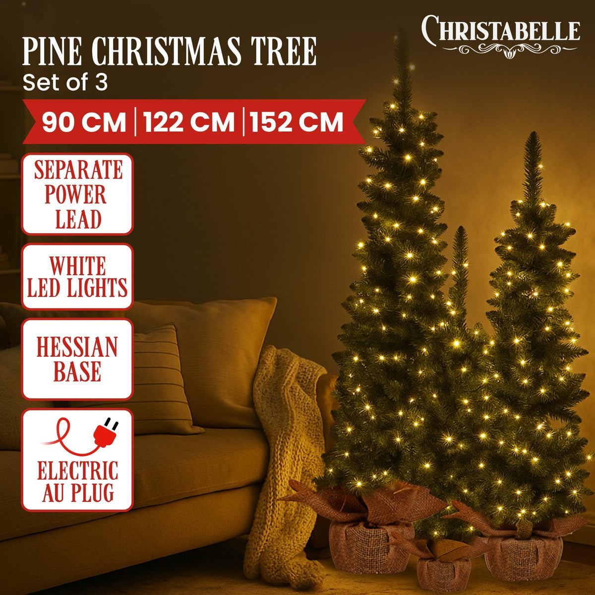 NNEDSZ Christabelle Set of 3 Pre-Lit Christmas Trees Green Pine w/LED Lights, Hessian Base & Individual Plugs Varying Heights-1