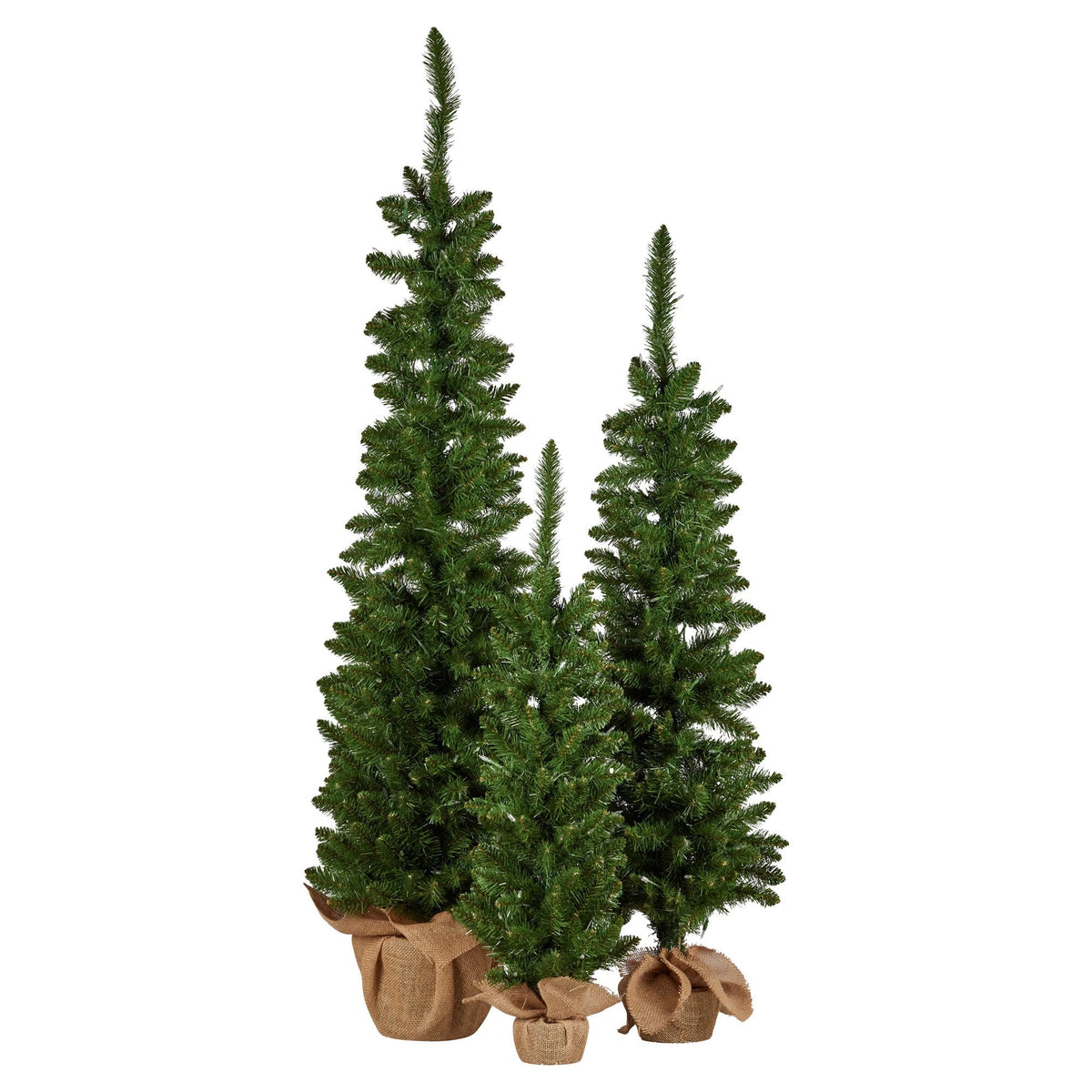 NNEDSZ Christabelle Set of 3 Pre-Lit Christmas Trees Green Pine w/LED Lights, Hessian Base & Individual Plugs Varying Heights-2