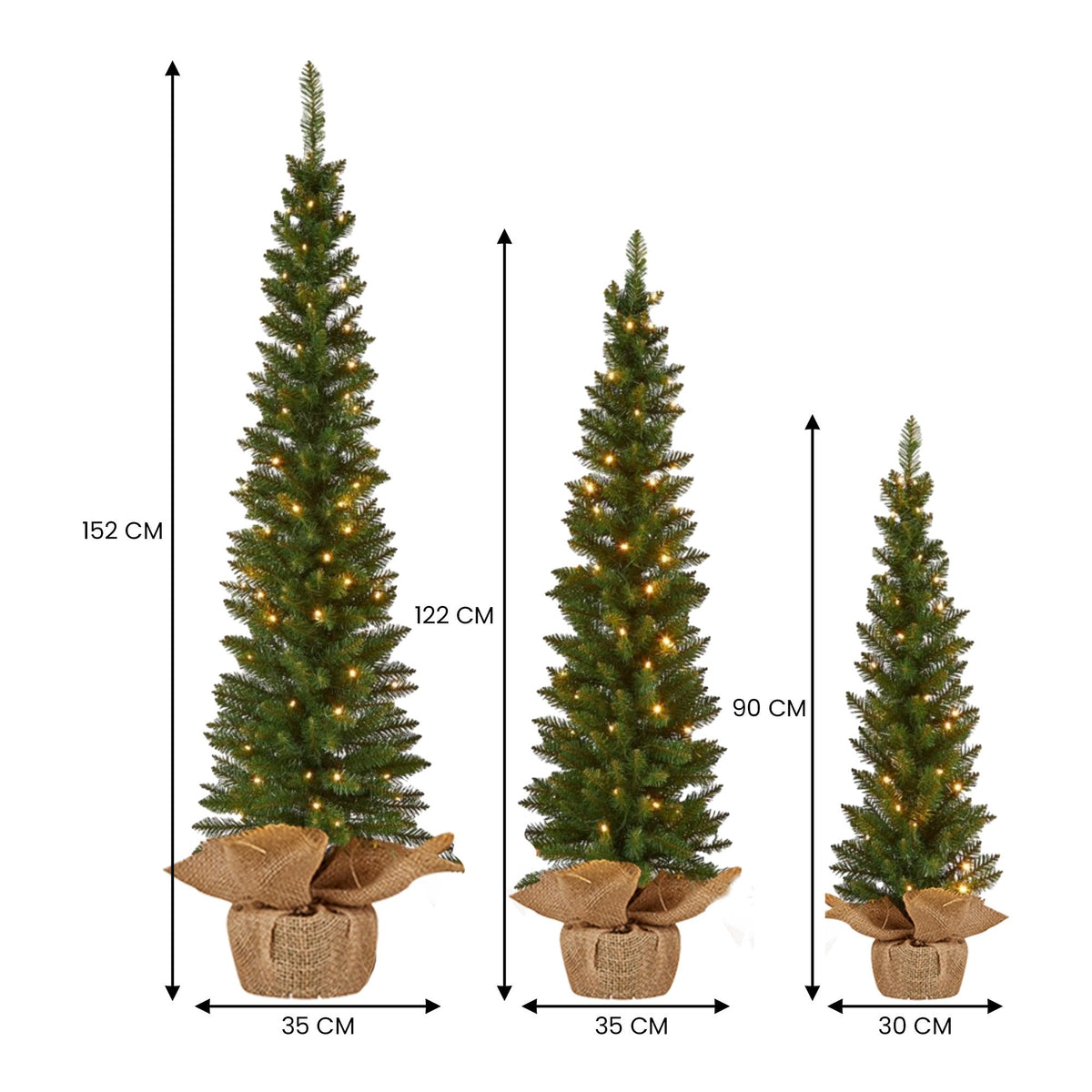 NNEDSZ Christabelle Set of 3 Pre-Lit Christmas Trees Green Pine w/LED Lights, Hessian Base & Individual Plugs Varying Heights-3