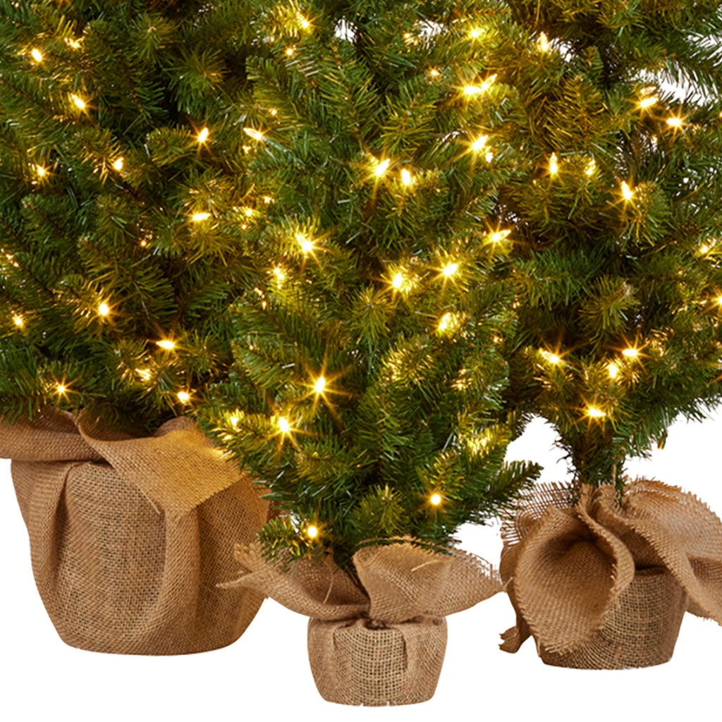 NNEDSZ Christabelle Set of 3 Pre-Lit Christmas Trees Green Pine w/LED Lights, Hessian Base & Individual Plugs Varying Heights-4