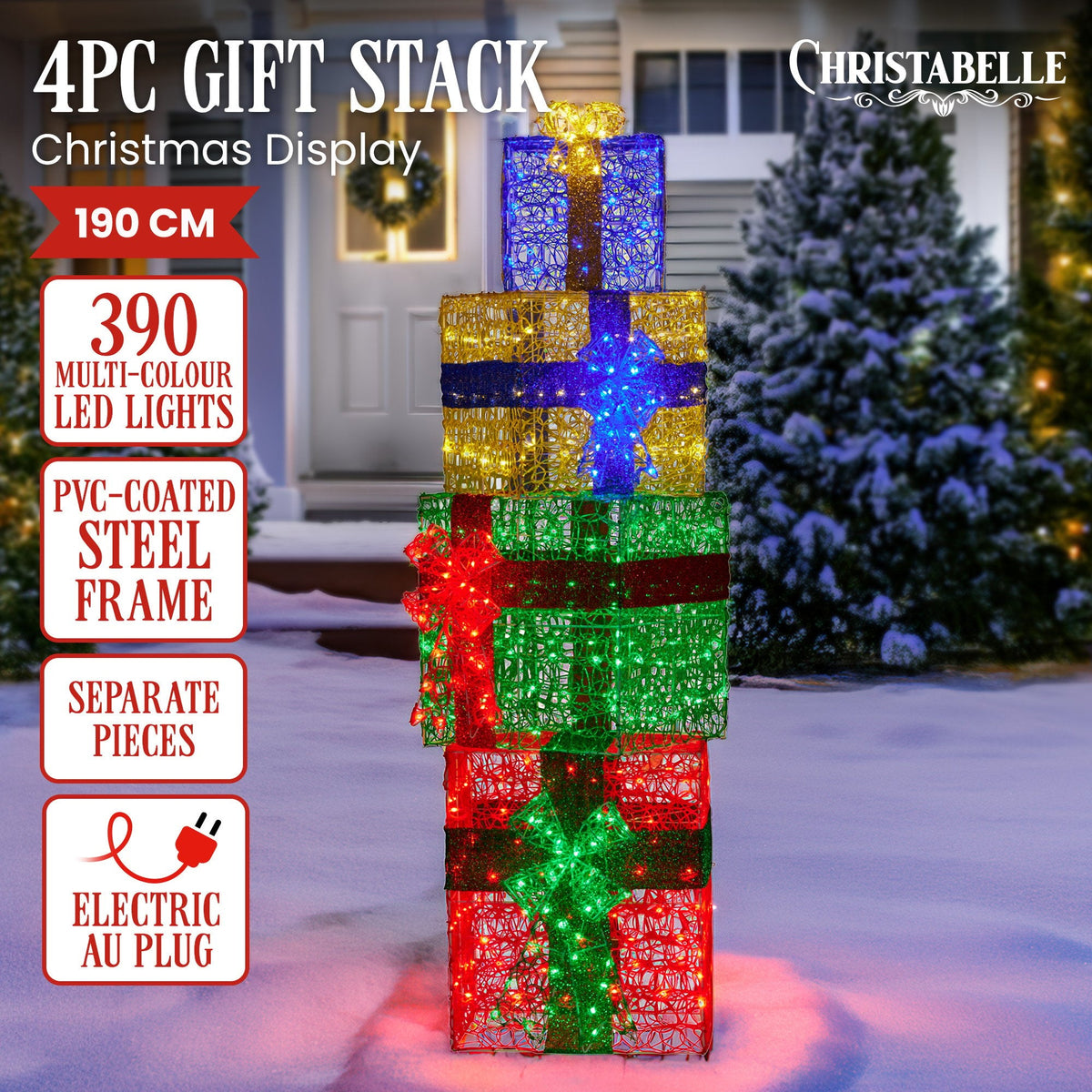 NNEDSZ Christabelle 190cm 4-piece Gift Stack Box Christmas Decor Bows Led Lights Xmas-1