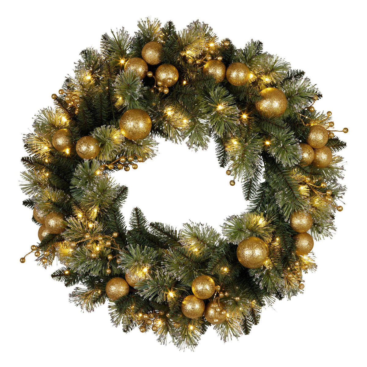 NNEDSZ Christabelle 61cm Christmas Wreath Glittery Tipped with LED Lights and Golden Baubles Front Door Decoration Ornament-0