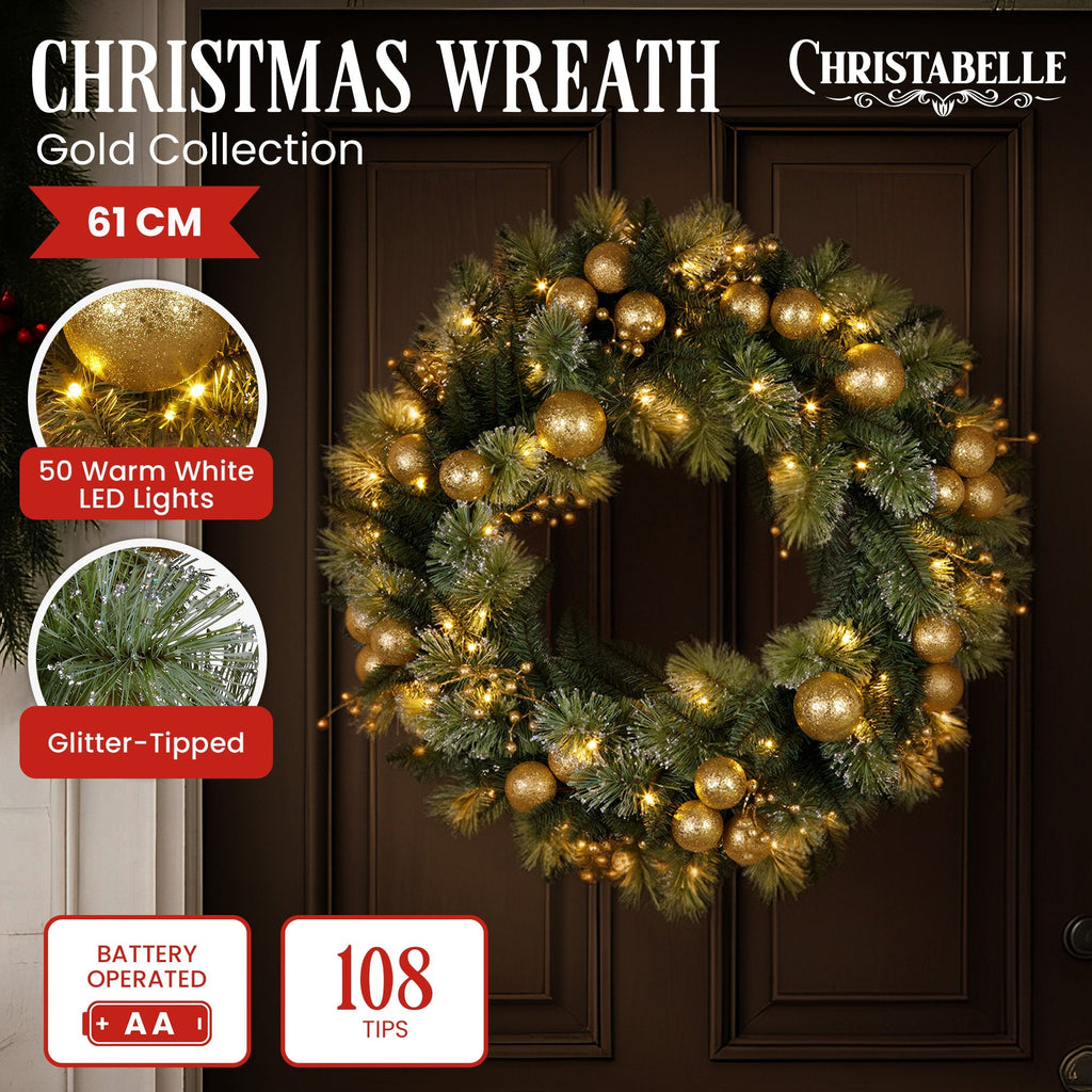 NNEDSZ Christabelle 61cm Christmas Wreath Glittery Tipped with LED Lights and Golden Baubles Front Door Decoration Ornament-1