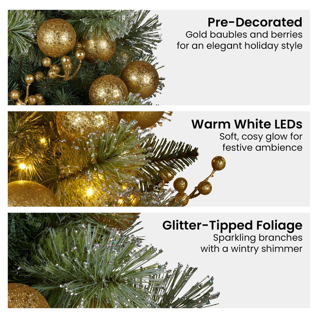 NNEDSZ Christabelle 61cm Christmas Wreath Glittery Tipped with LED Lights and Golden Baubles Front Door Decoration Ornament-4