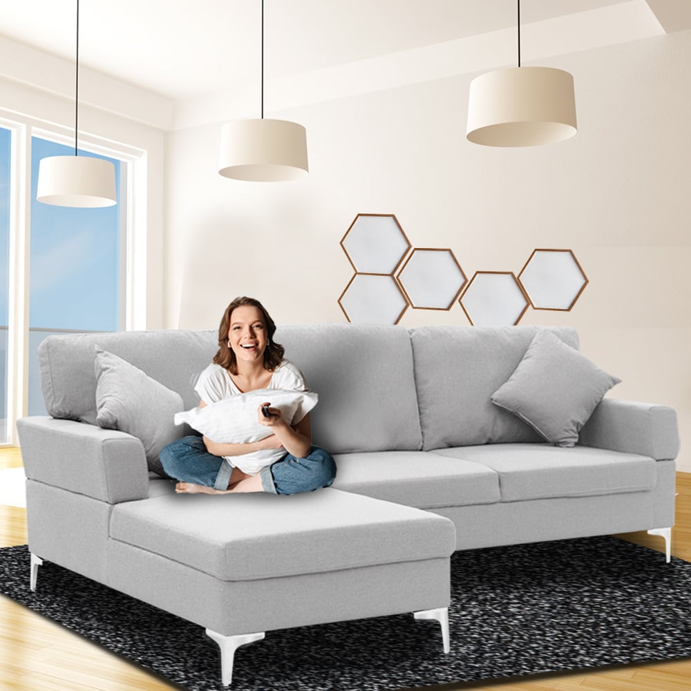 NNEDSZ Sarantino Linen Corner Sofa Couch Lounge L-shape W/right Chaise Seat Light Grey-1
