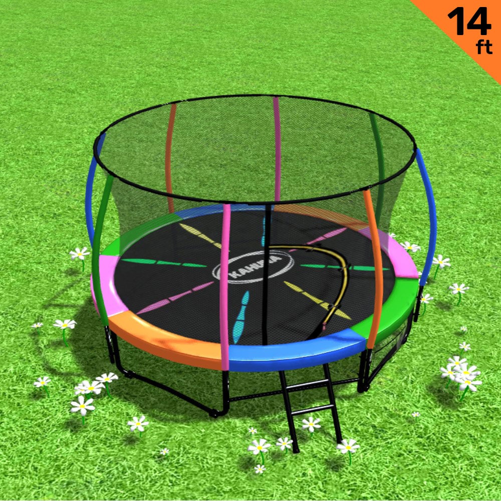 NNEDSZ 14ft Trampoline Free Ladder Spring Mat Net Safety Pad Cover Round Enclosure - Rainbow-0