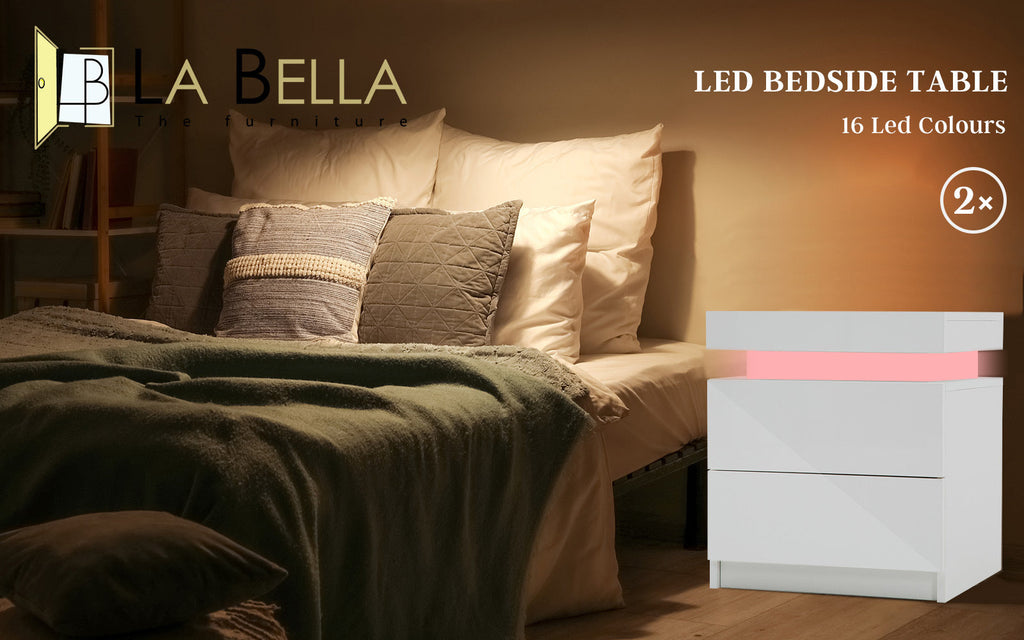 NNEDSZ 2X Bedside Table 2 Drawers RGB LED Bedroom Cabinet Nightstand Gloss WHITE-1