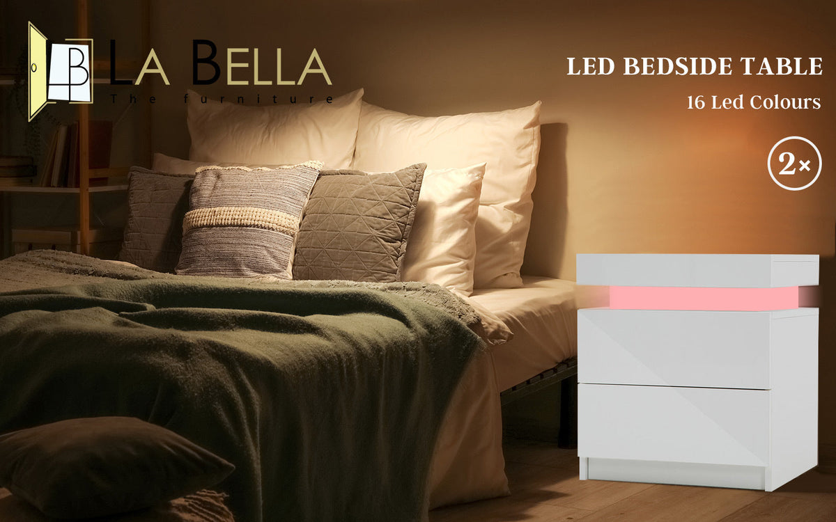 NNEDSZ 2X Bedside Table 2 Drawers RGB LED Bedroom Cabinet Nightstand Gloss WHITE-1