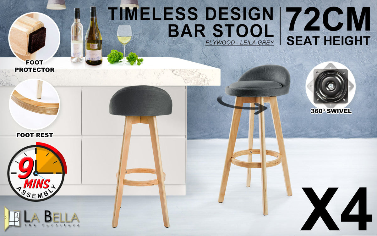 NNEDSZ 4X Wooden Bar Stool Dining Chair Fabric LEILA 72cm GREY-1