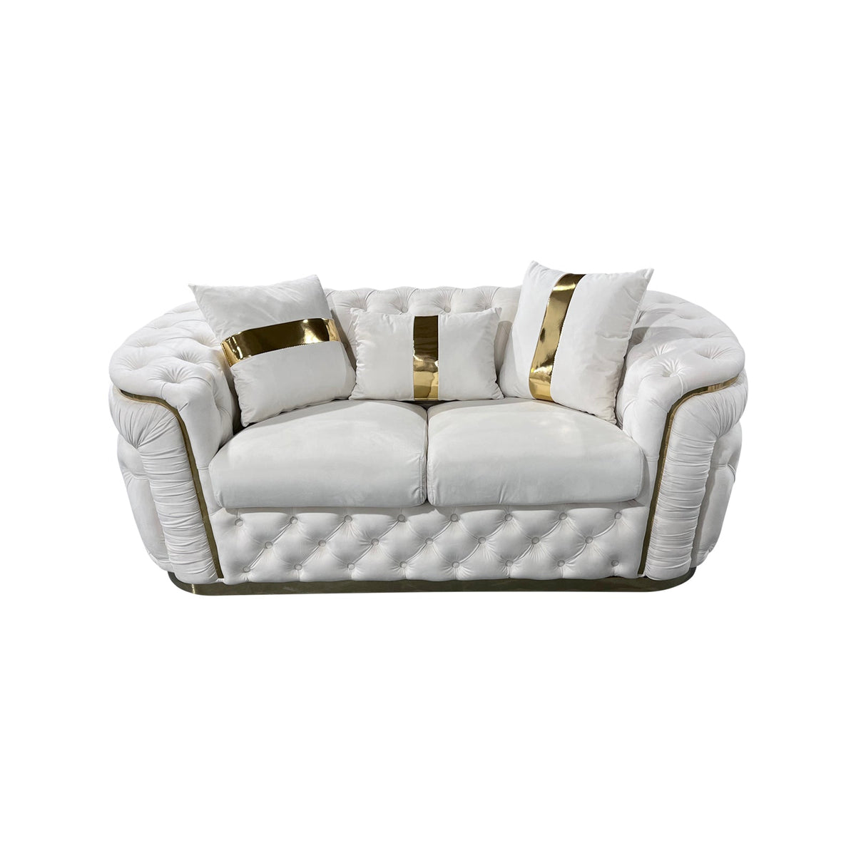 NNEDSZ 2 Seater Sofa Beige Velvet Fabric Solid Wood construction Gold Stainless Steel Trim-0